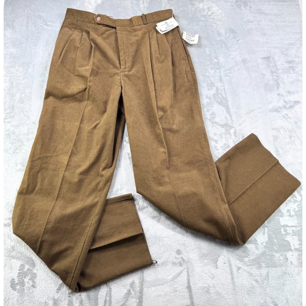 New Austin Reed Pants Men 36 Brown Pleated 100% Cotton Waffle Trouser Dead Stock